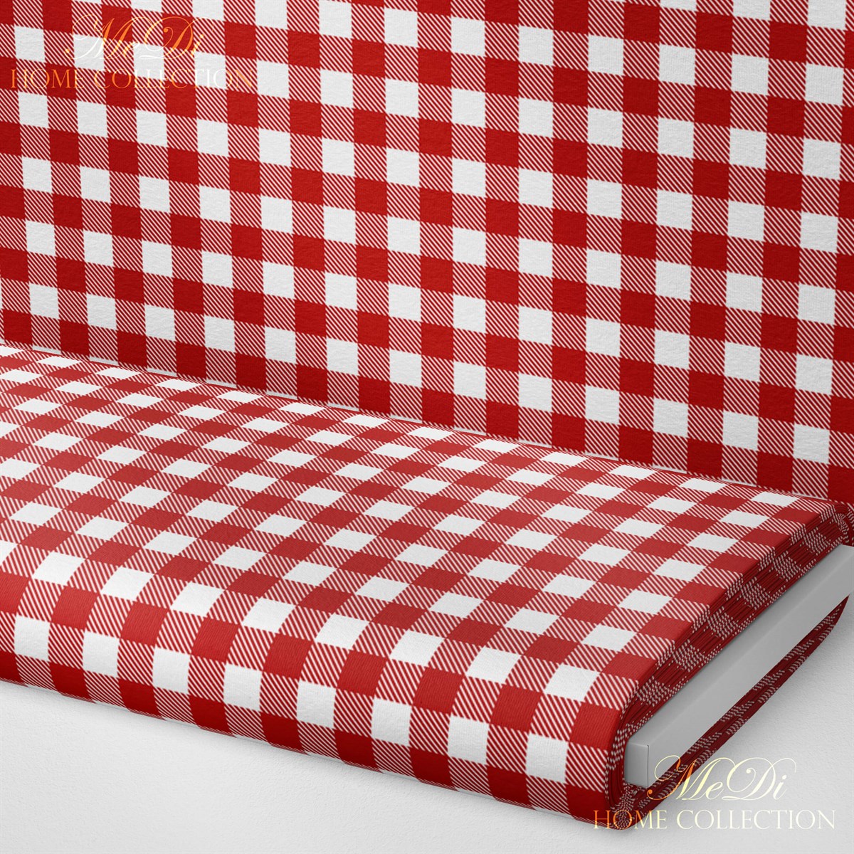 Kırmızı-Beyaz Şekilli Pötikare Desenli Dijital Baskılı Kumaş