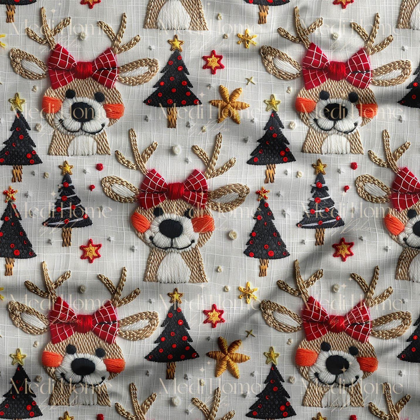 Kırmızı Kurdelesiyle Sevimli Geyik – 3D Yılbaşı Geyiği Dijital Baskılı Kumaş