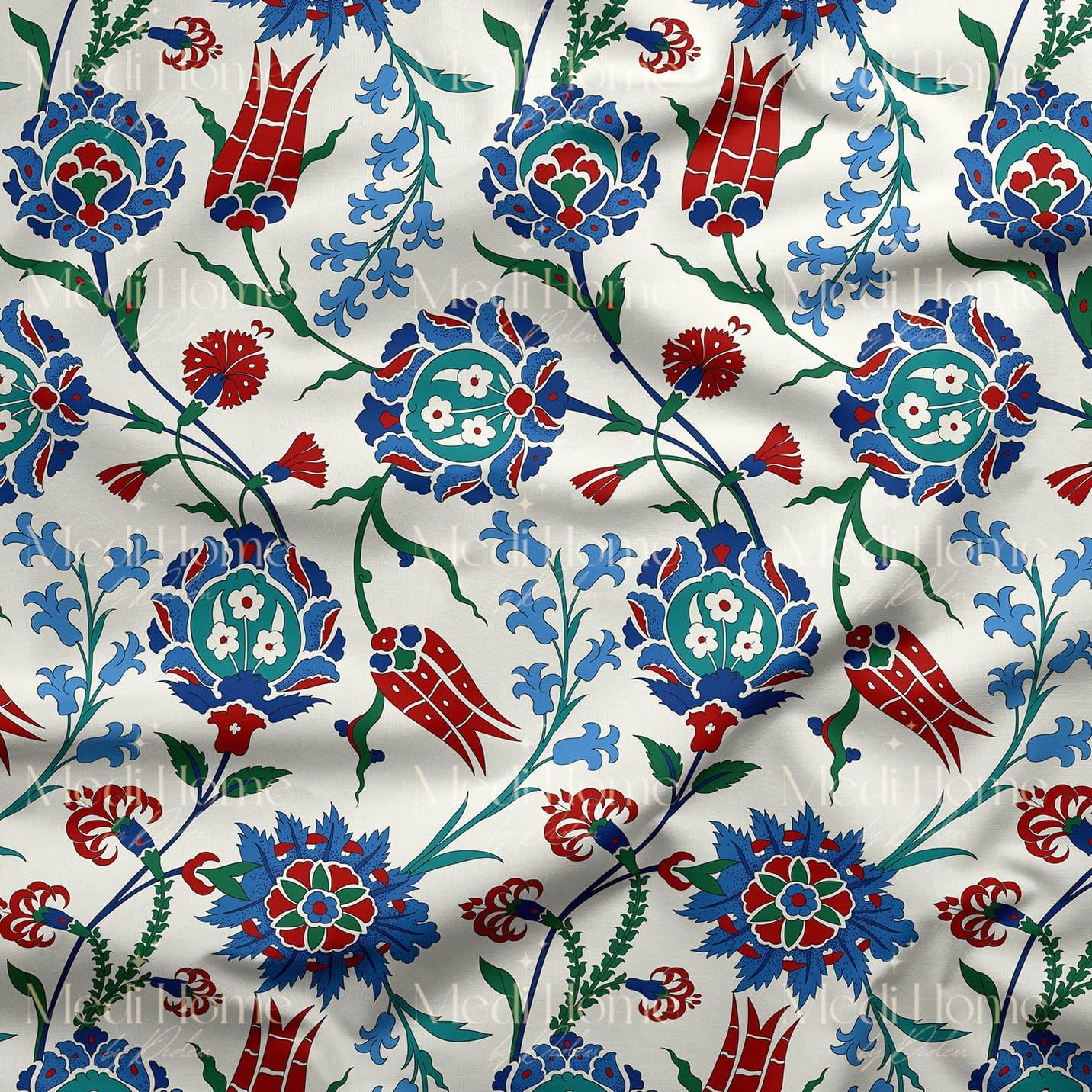 Kırmızı Lale Çini Desenli Dijital Baskılı Kumaş
