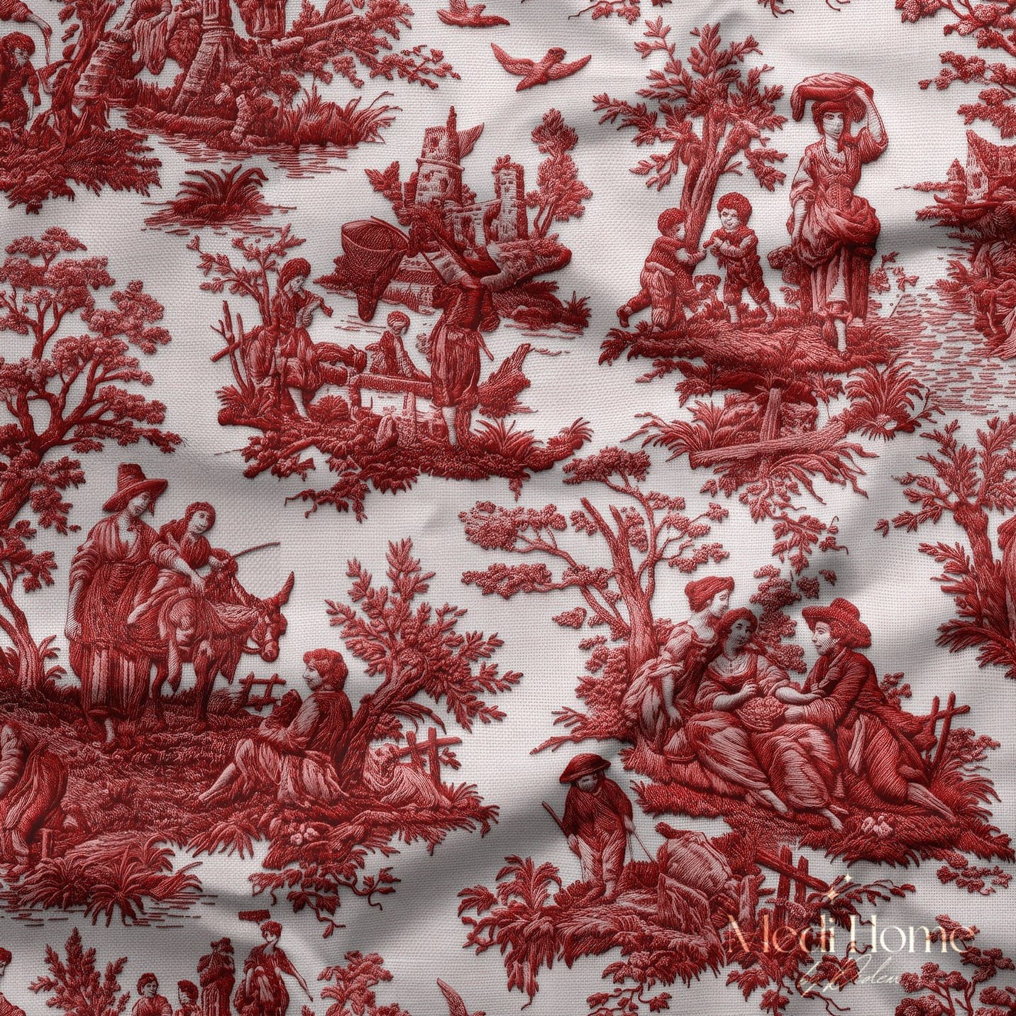 Kırmızı Masallar Toile de Jouy Dijital Baskılı Kumaş