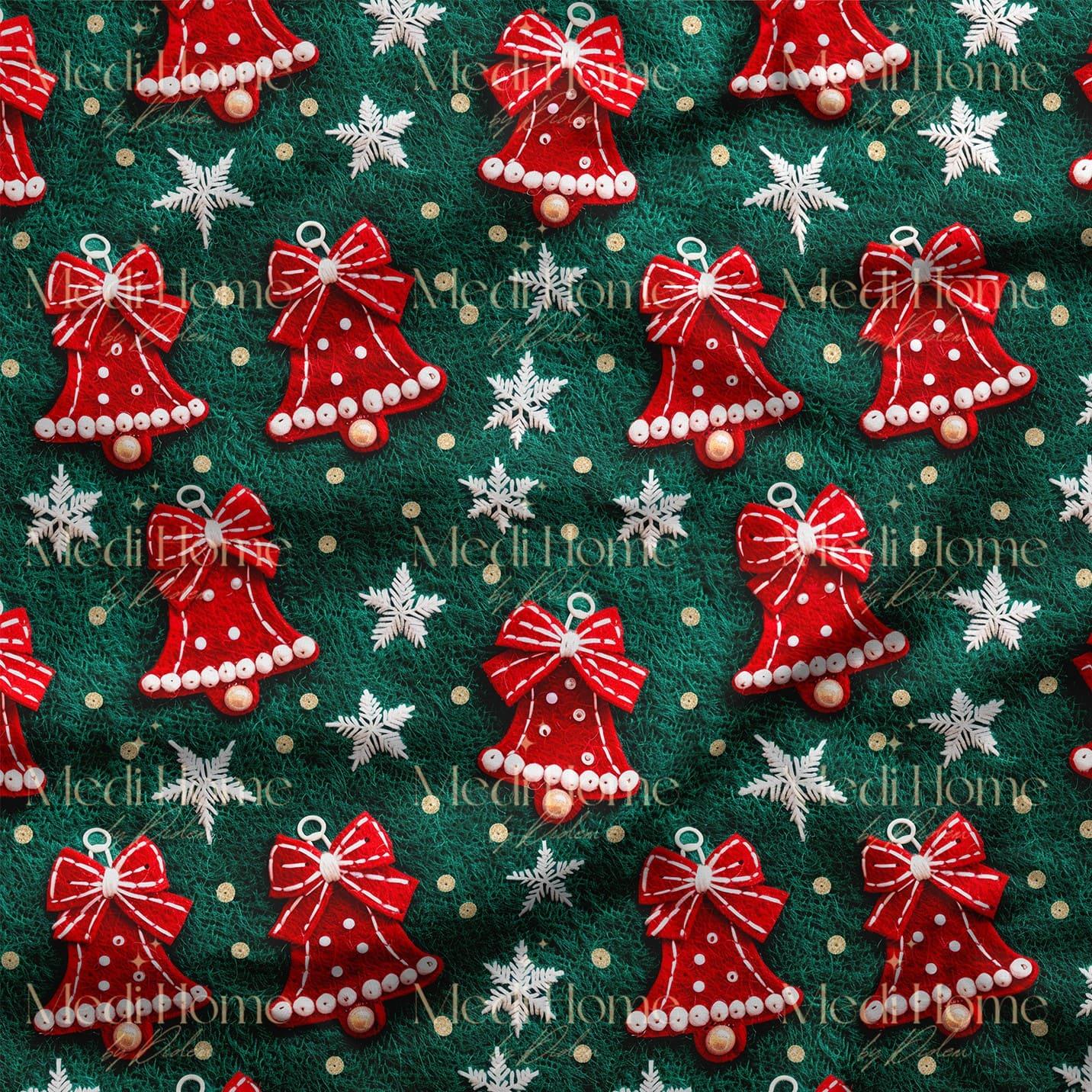 Kırmızı Yılbaşı Çanlarının Neşesi – 3D Christmas Dijital Baskılı Kumaş