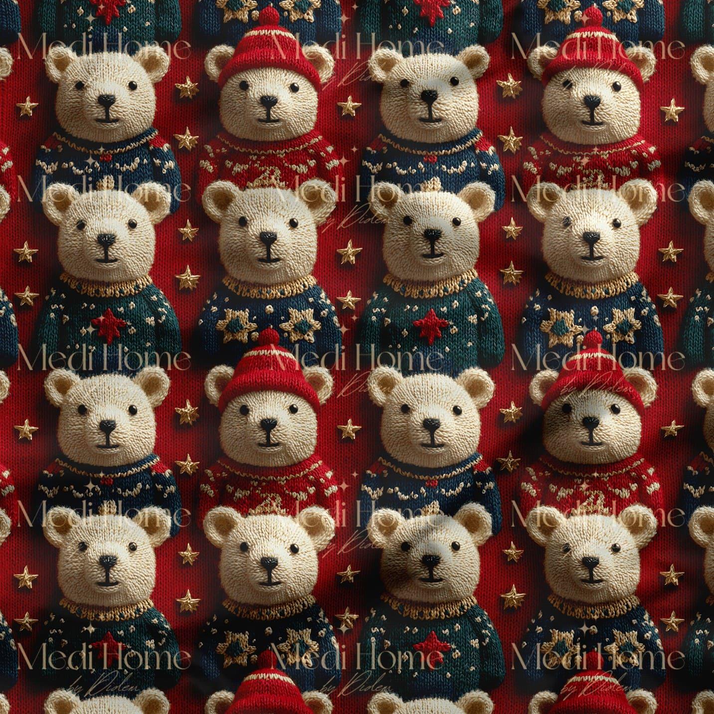 Kırmızı Zeminde Yılbaşı Kazaklı Teddy Ayıcıklar Dijital Baskılı Kumaş