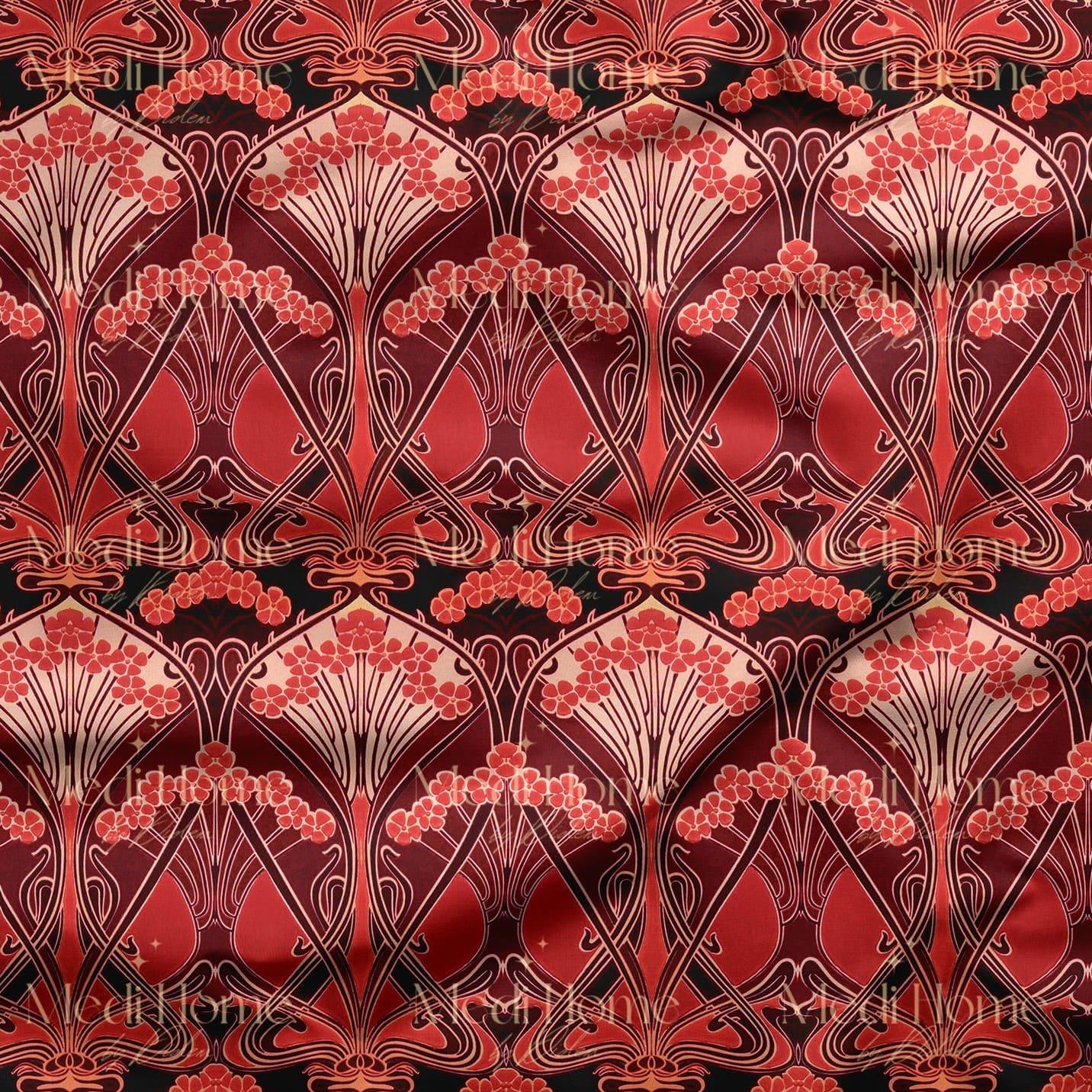 Kırmızının Zarif Art Nouveau Dansı Dijital Baskılı Kumaş