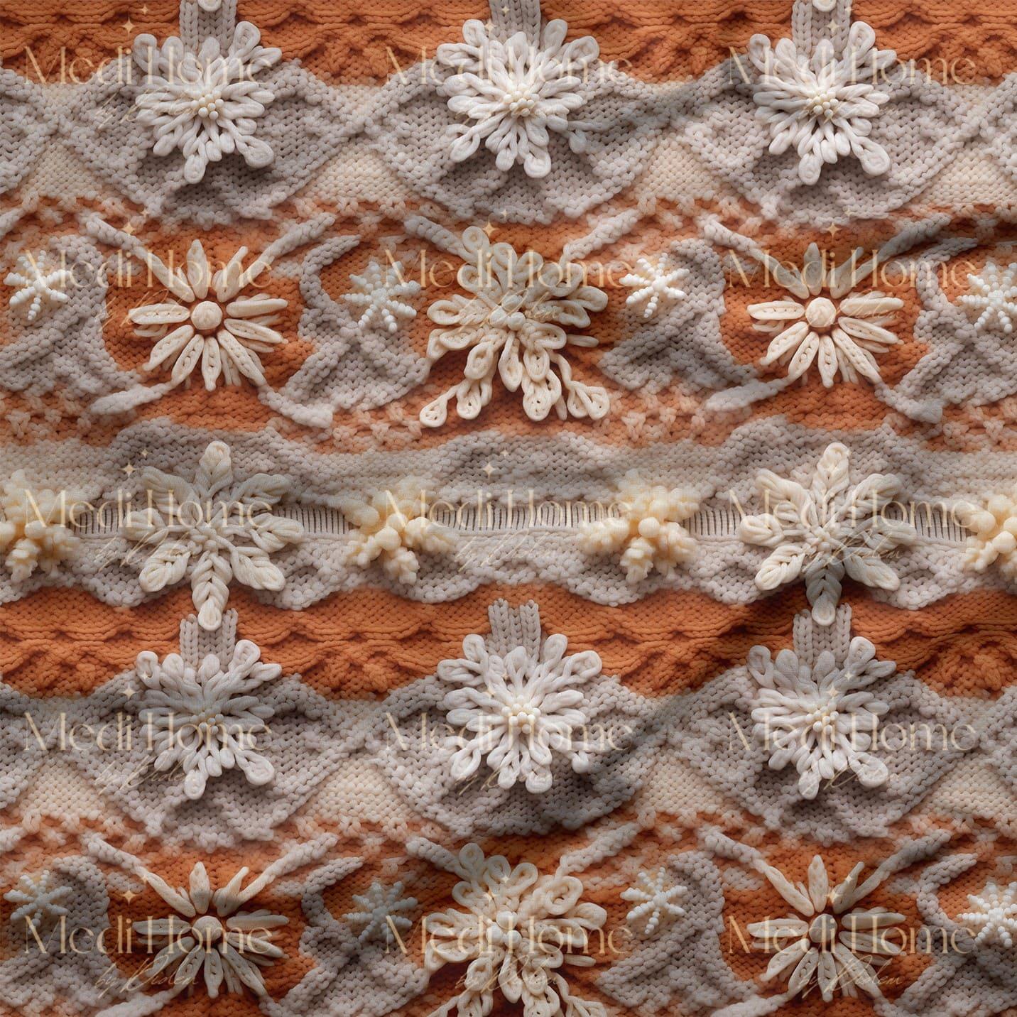 Kış Dokusunun Krem Çiçekli Masalı – 3D Örgü Dijital Baskılı Kumaş