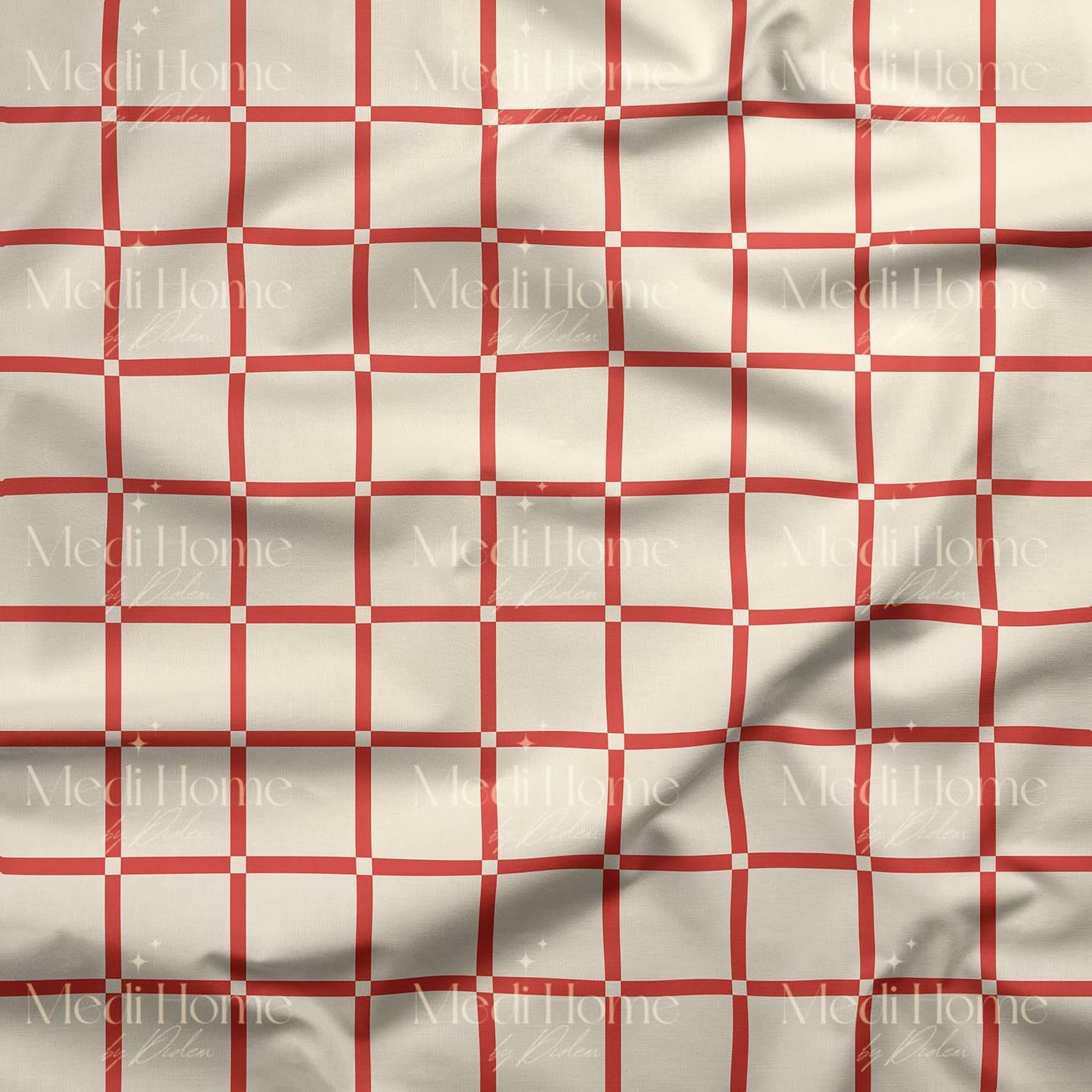 Krem Zeminde Kırmızı Minimal Izgara Dijital Baskılı Kumaş