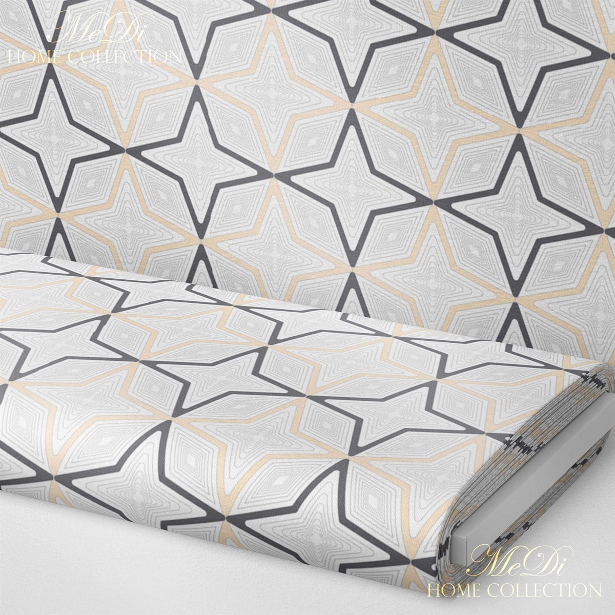 Lacivert-Füme Geometrik Yıldız Desenli Dijital Baskılı Kumaş