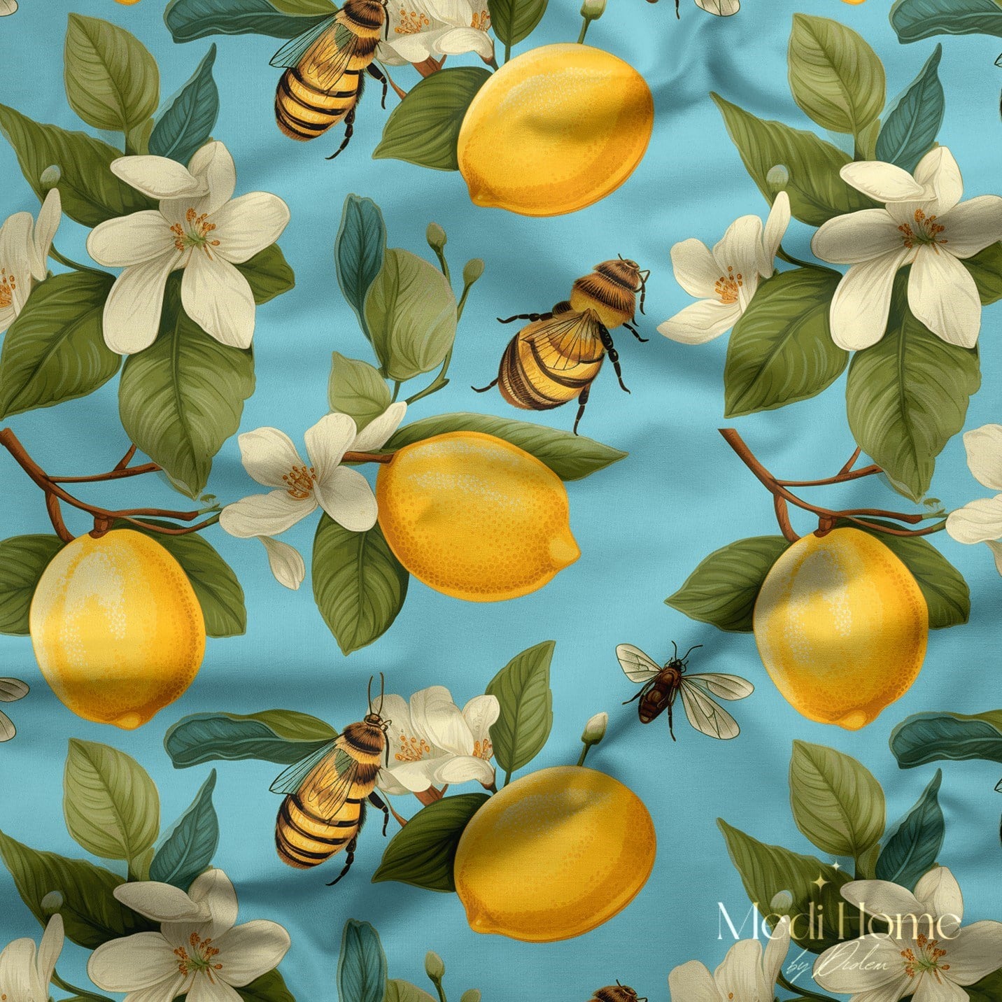 Mavi Bahçede Limon ve Arı Uyumu Dijital Baskılı Kumaş
