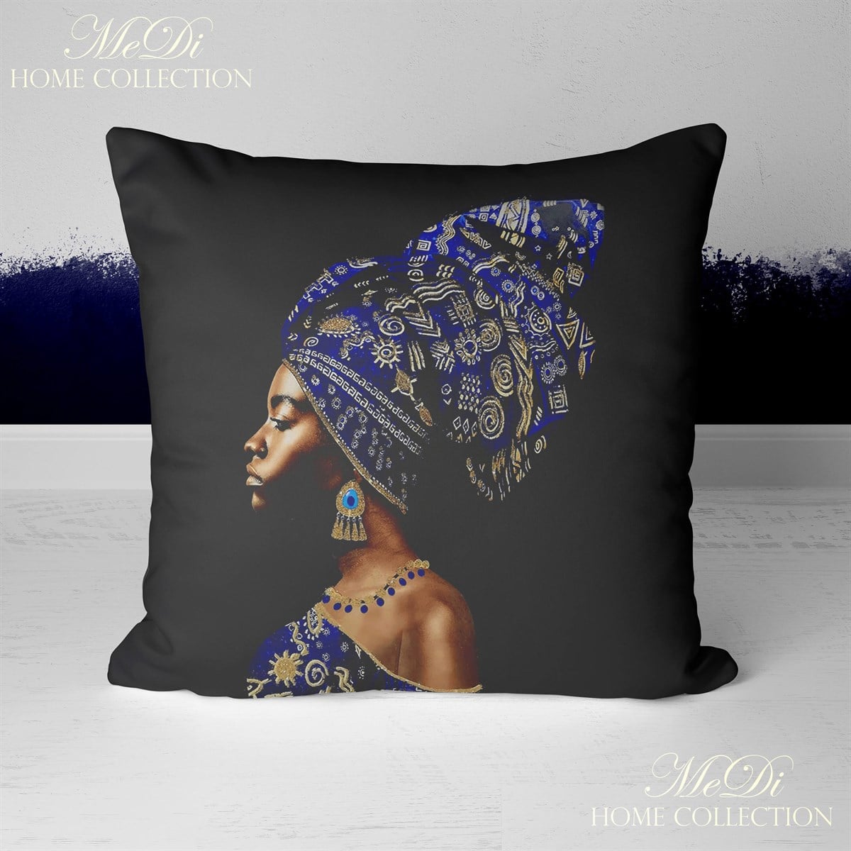 Mavi Etnik Kıyafetli Afrikalı Kadın Desenli 3'lü Pano Kumaşı