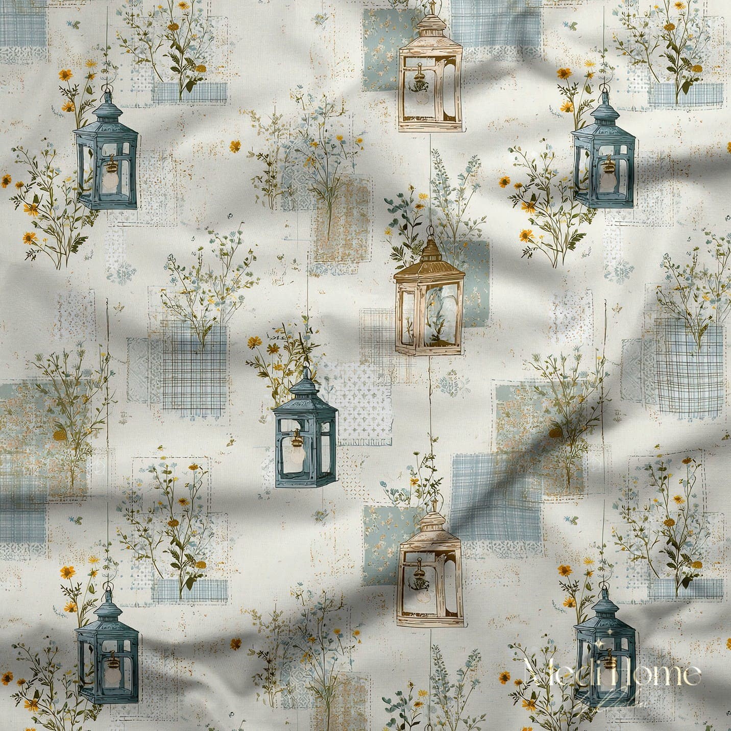 Mavi Fenerli Kır Akşamı – Patchwork Dokulu Çiçekli Dijital Baskılı Kumaş