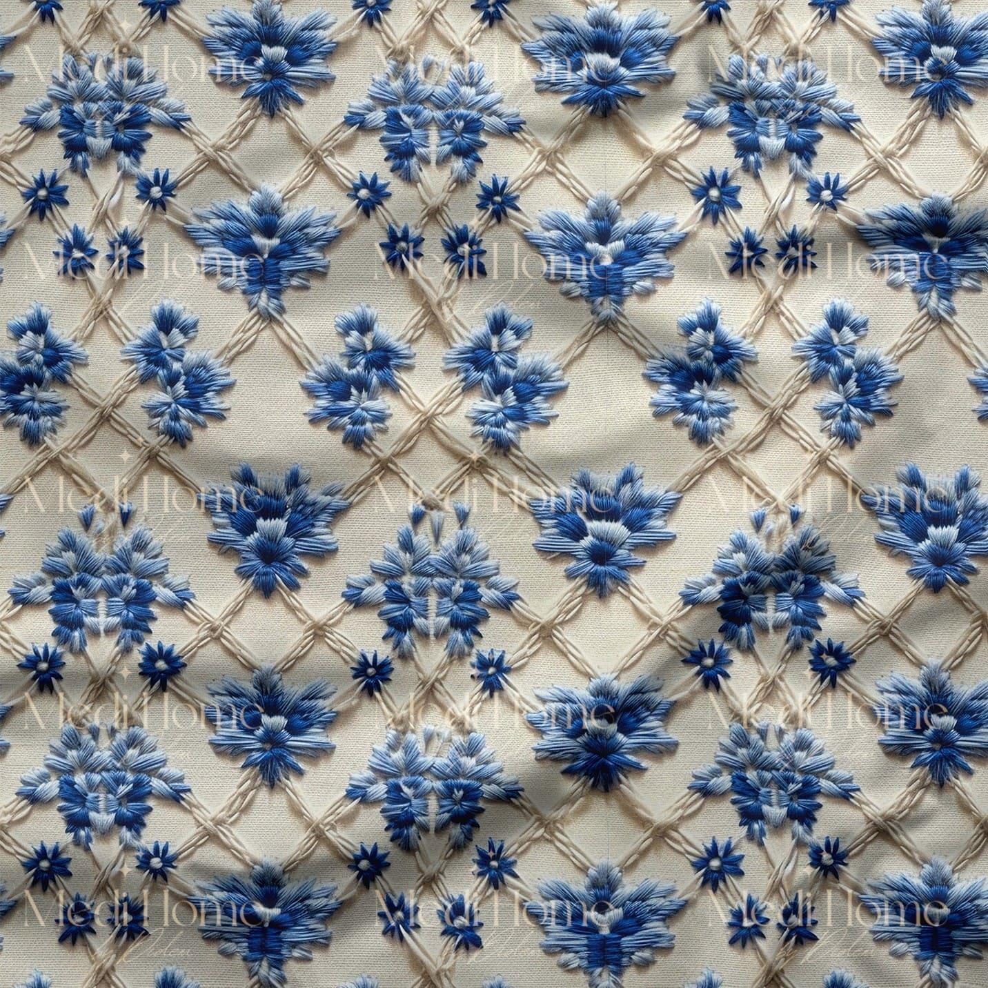 Mavi Nakışların Krem Üzerindeki Zarafeti Dijital Baskılı Kumaş