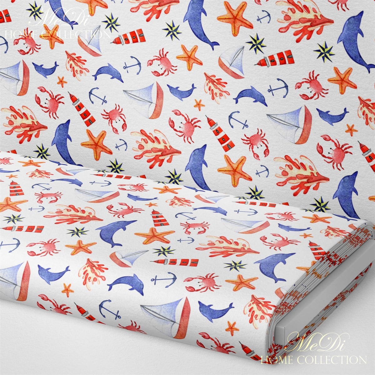 Mavi-Turuncu Marin Denizci Figürleri Desenli Dijital Baskılı Kumaş