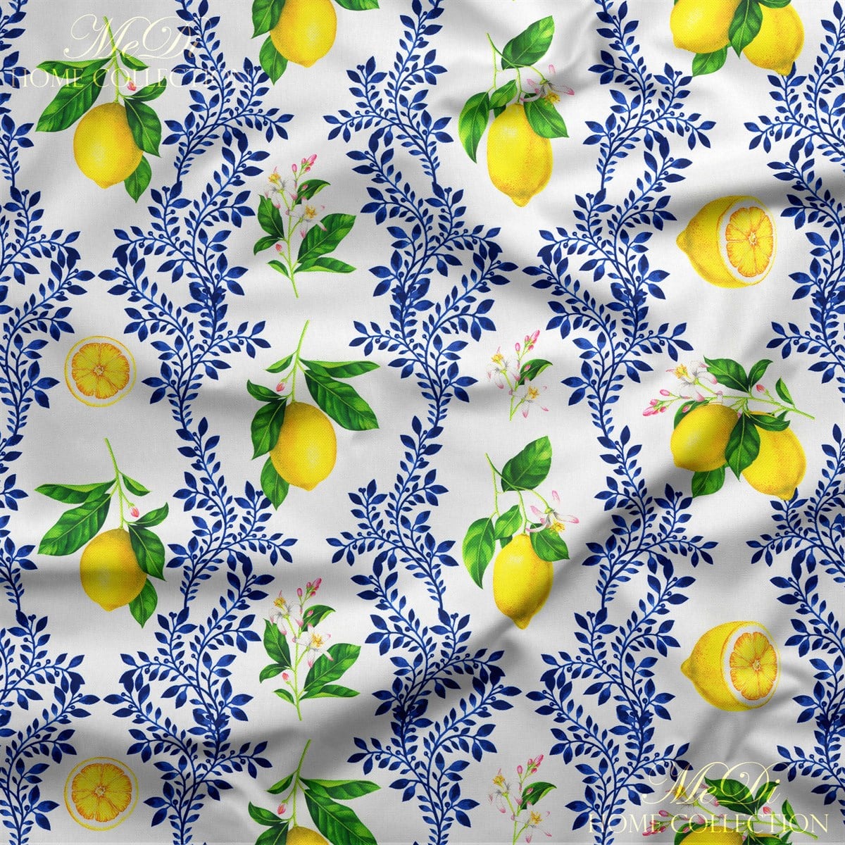 Mavi Yapraklı Limon Desenli Dijital Baskılı Kumaş