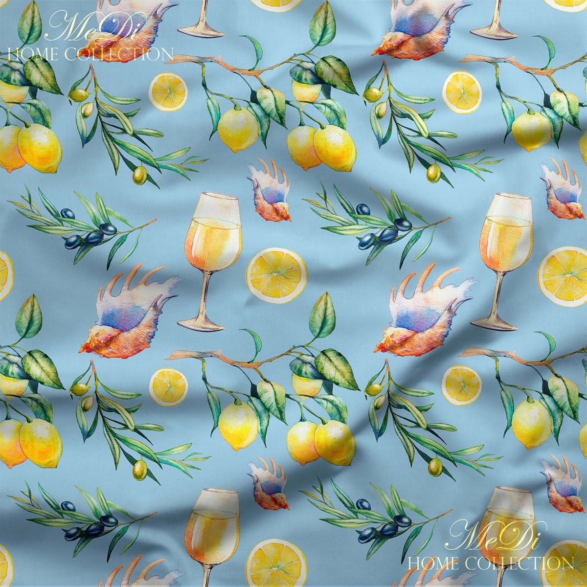 Mavi Zemin Limon, Limonata Desenli Dijital Baskılı Kumaş