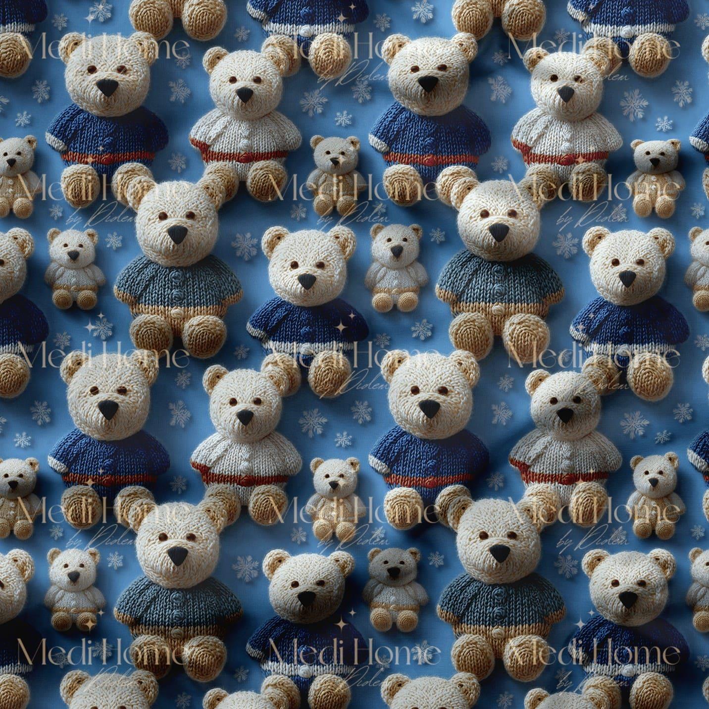 Mavi Zeminde Örgü Kazaklı Teddy Ayıcıklar Dijital Baskılı Kumaş