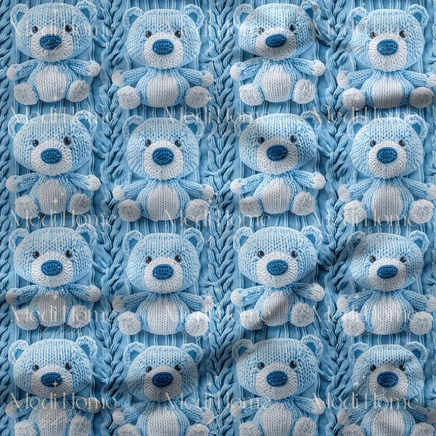 Örgü Dalgalar Üzerinde Mavi Teddy Masalı Dijital Baskılı Kumaş