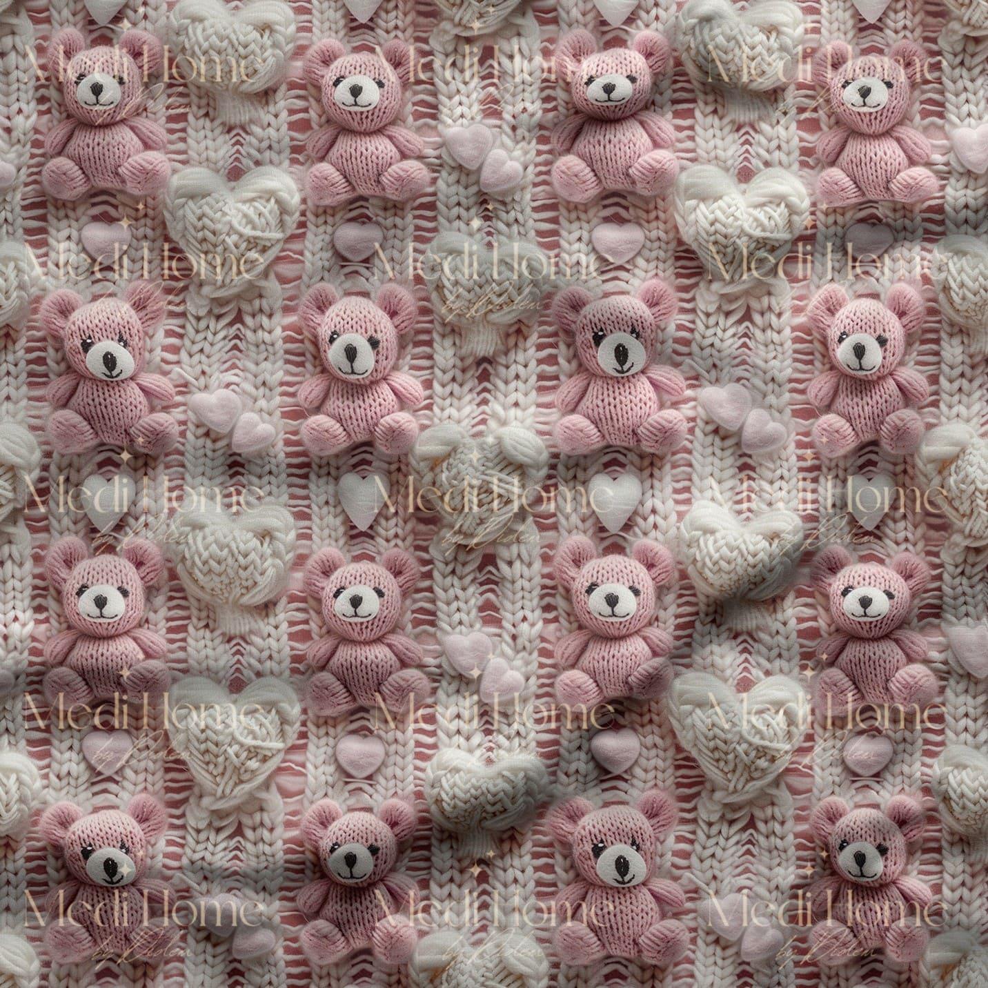 Örgü Kalplerin Arasında Pembe Teddy Masalı Dijital Baskılı Kumaş