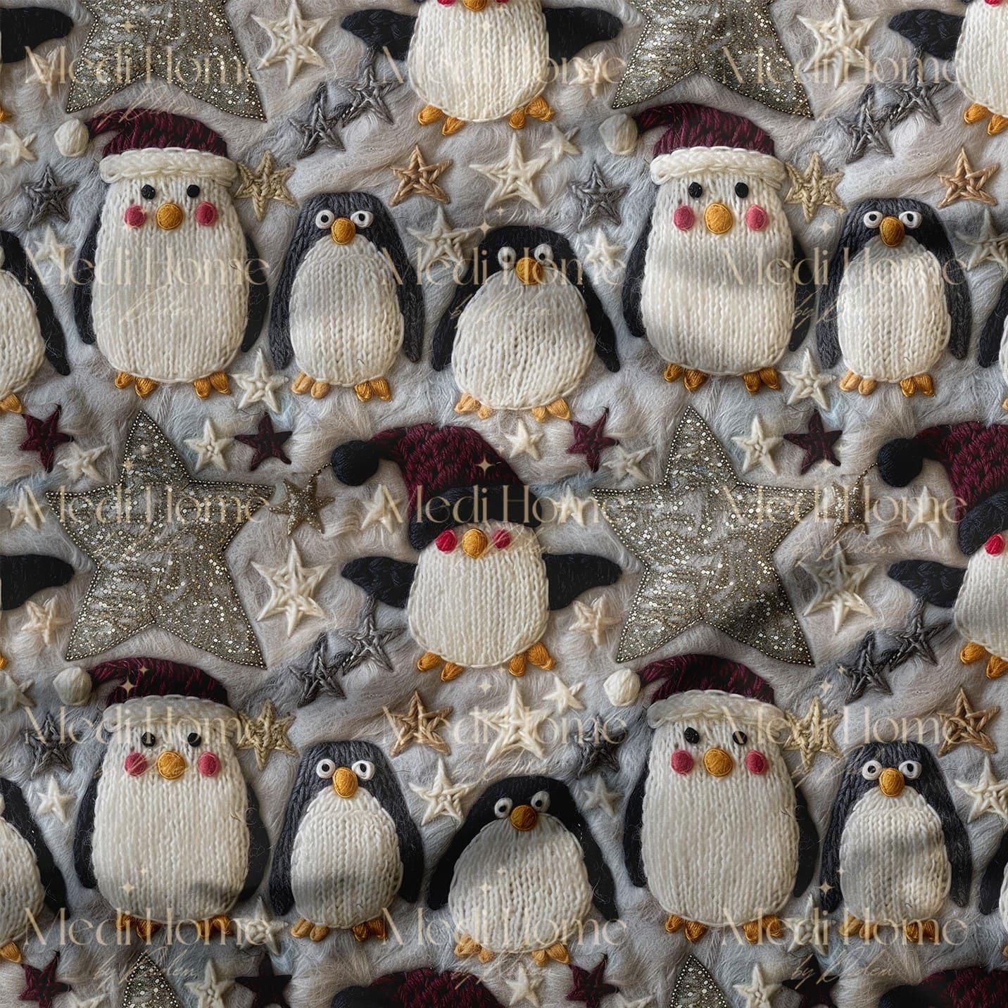 Örgü Penguenlerin Işıltılı Kış Rüyası – 3D Yılbaşı Dijital Baskılı Kumaş