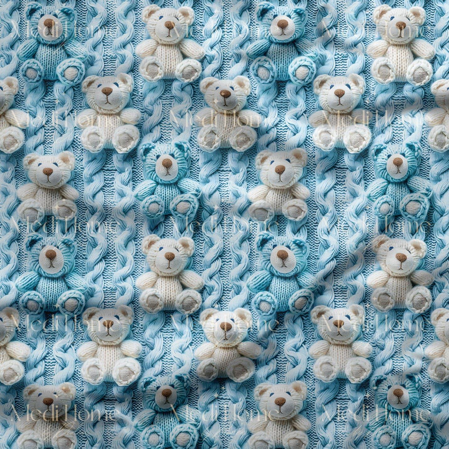 Örgü Şeritler Arasında Mavi ve Krem Teddy Masalı Dijital Baskılı Kumaş