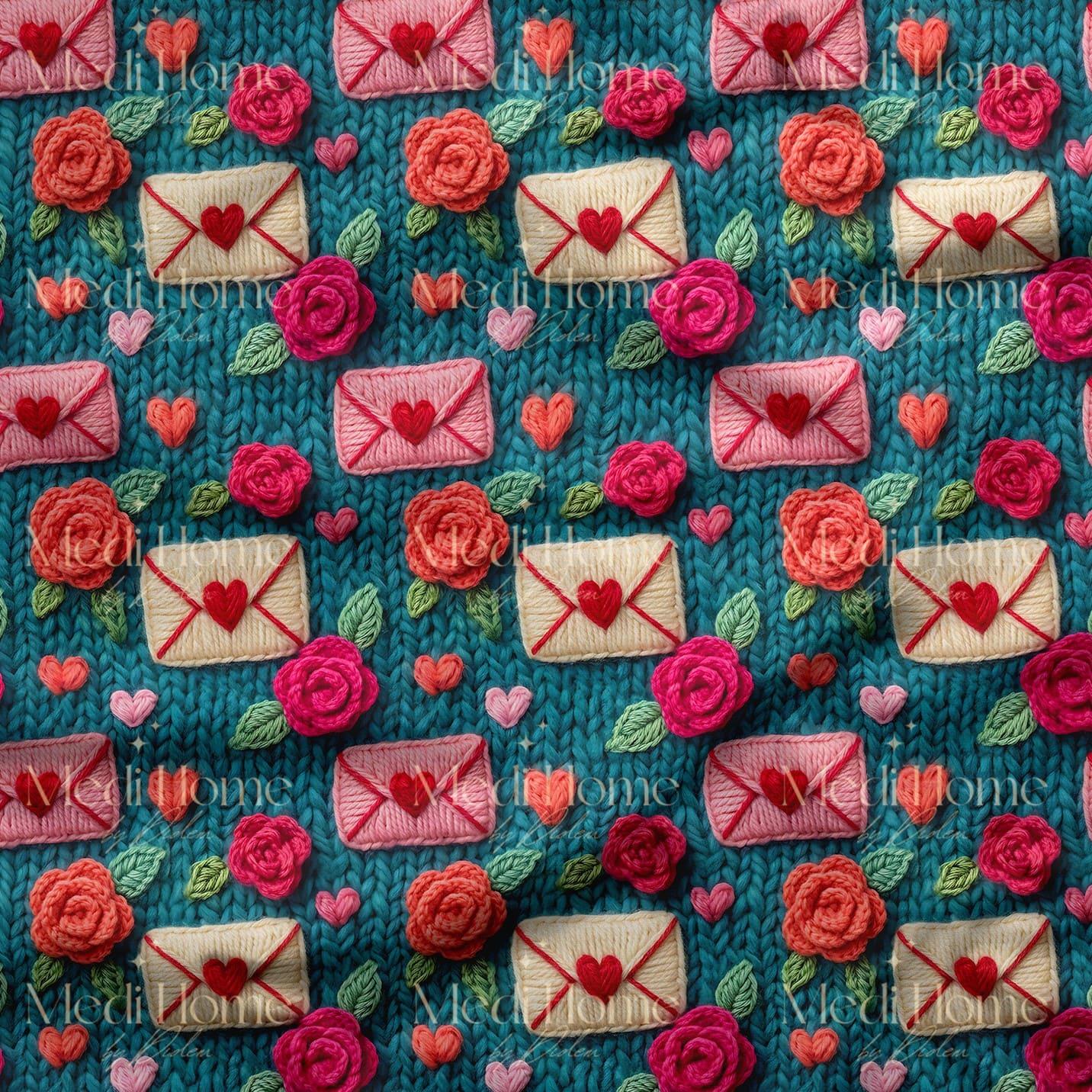 Örgü Zeminde Aşk Mektupları Dijital Baskılı Kumaş