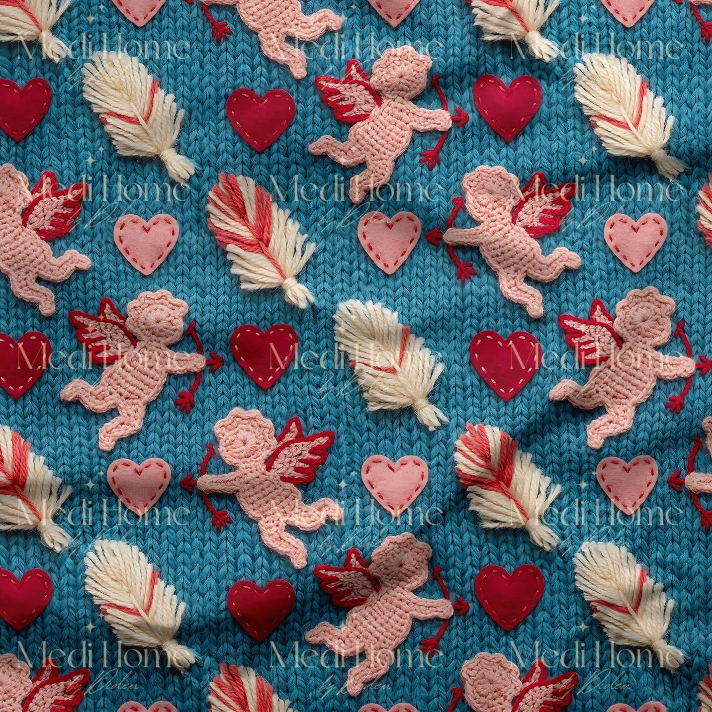 Örgü Zeminde Aşk Melekleri Dijital Baskılı Kumaş