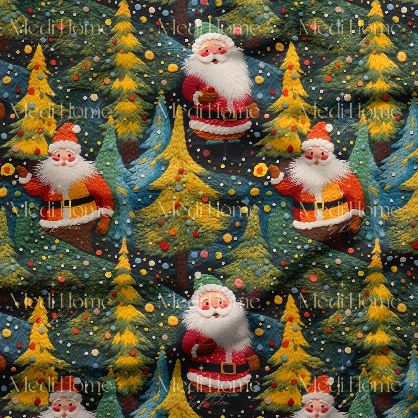 Orman Işıltısında Renkli Noel Babaları Dijital Baskılı Kumaş