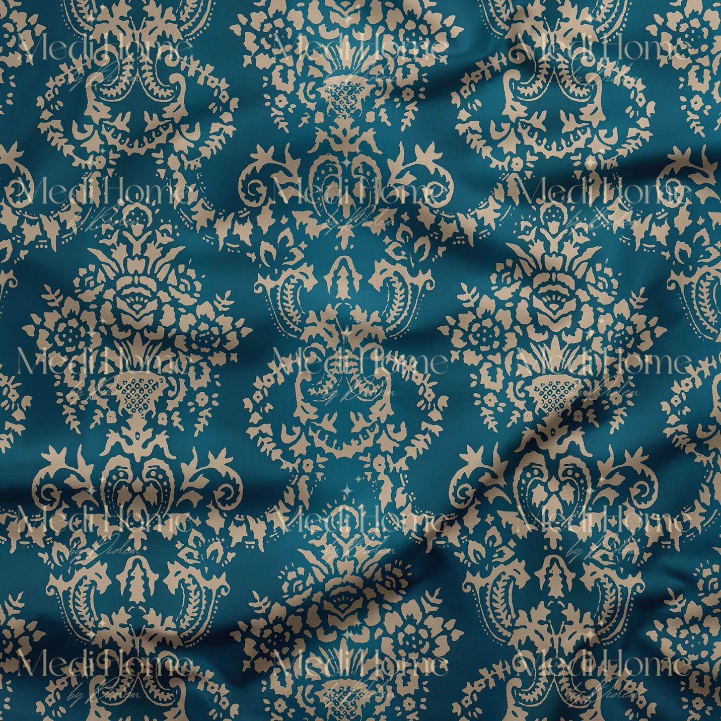 Parlak Mavi Etnik Motif Desenli Dijital Baskılı Kumaş
