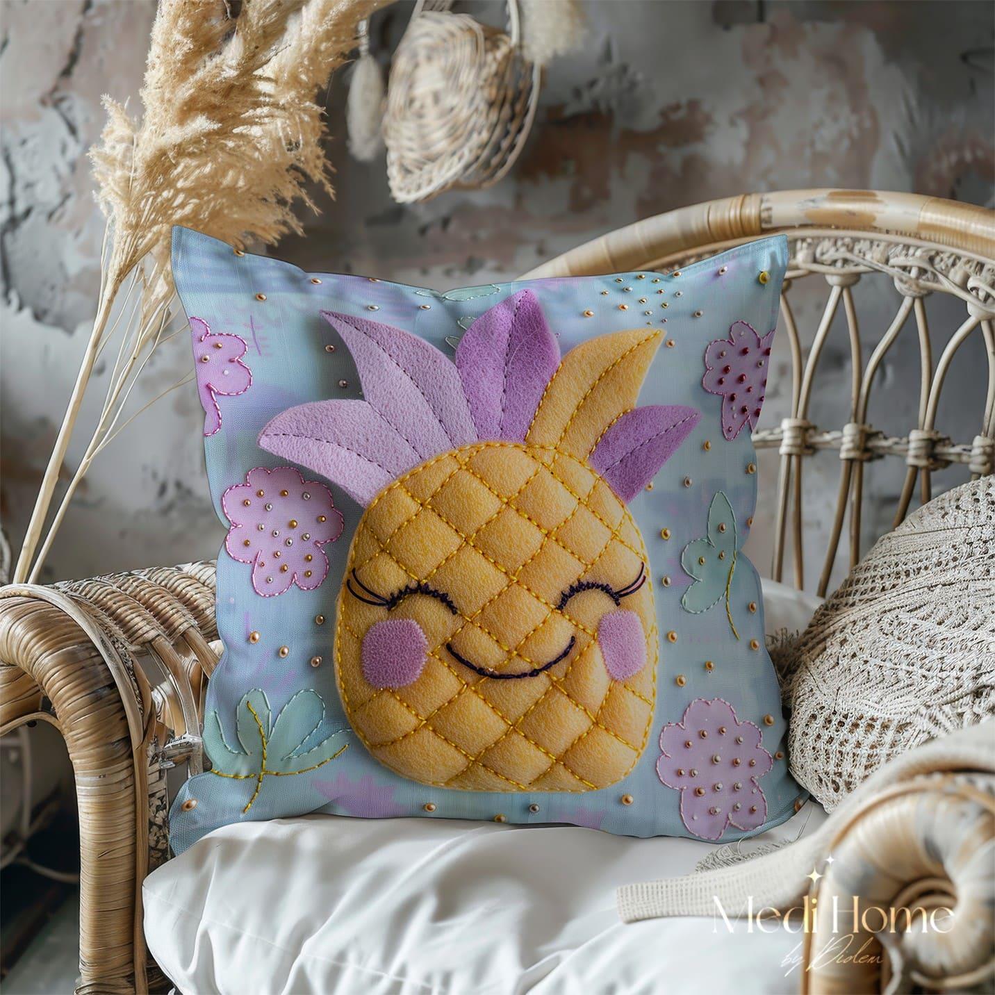 Pastel Bahçede Gülümseyen Ananas 3'lü Pano Kumaşı