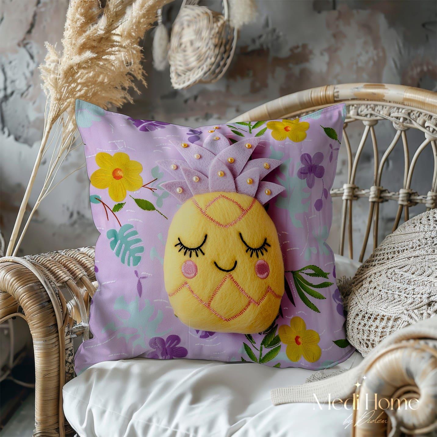 Pastel Bahçede Utangaç Ananas 3'lü Pano Kumaşı