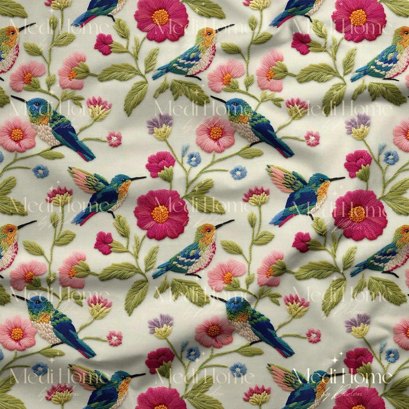 Pastel Bahçedeki Kolibriler Dijital Baskılı Kumaş