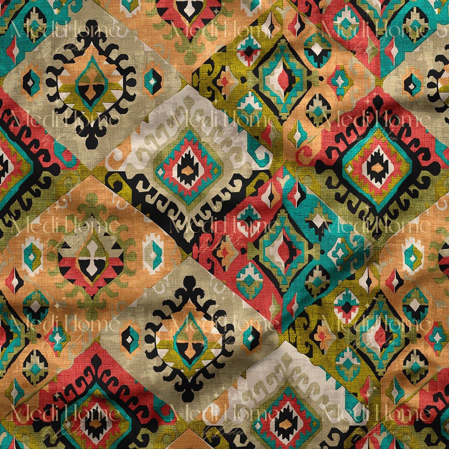 Pastel Dokunuşlu Etnik Patchwork Dijital Baskılı Kumaş