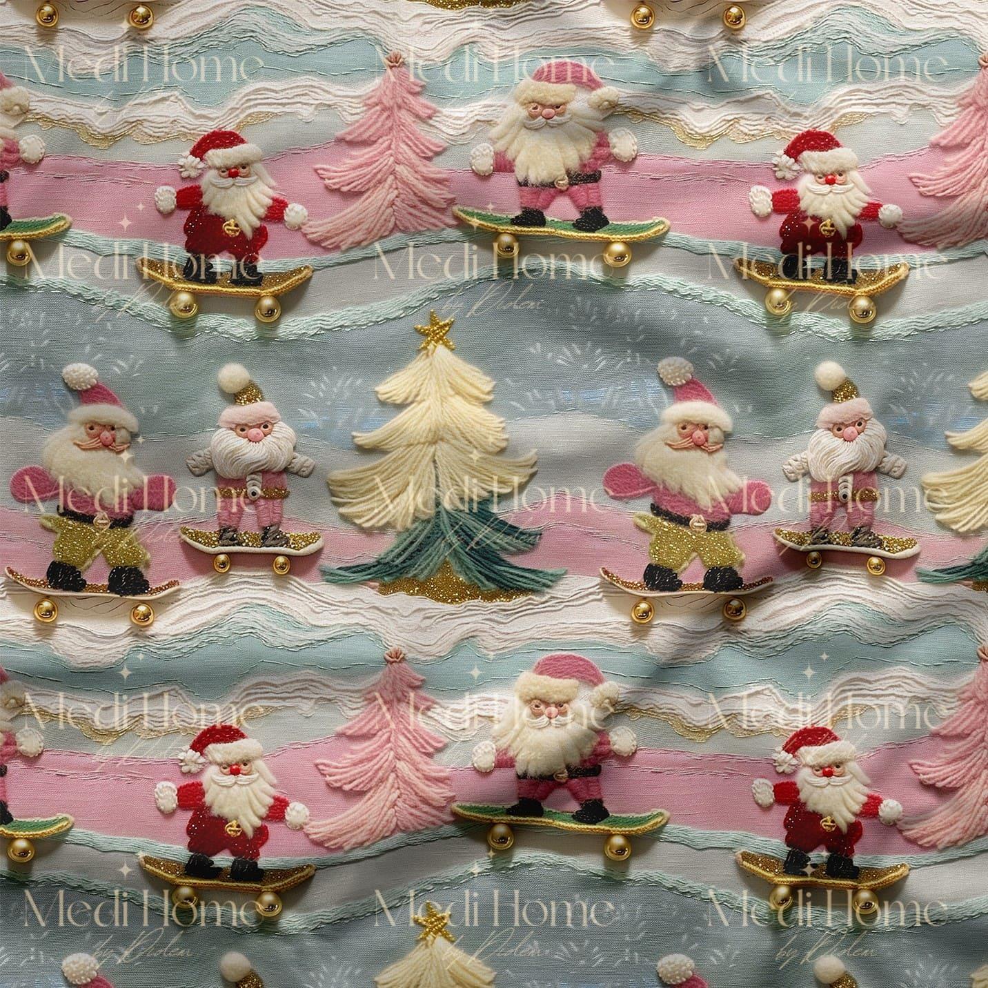 Pastel Kaykaylı Noel Babaların Kış Masalı Dijital Baskılı Kumaş
