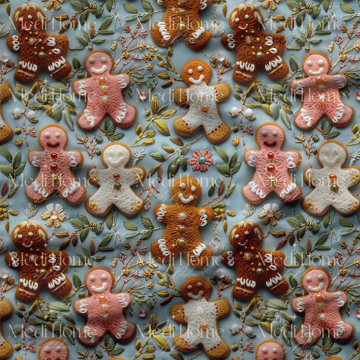 Pastel Kurabiye Bahçesi – 3D Gingerbread Dijital Baskılı Kumaş