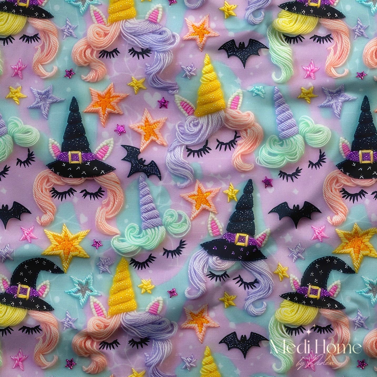 Pastel Renkli Cadı Şapkalı Unicornlar Dijital Baskılı Kumaş
