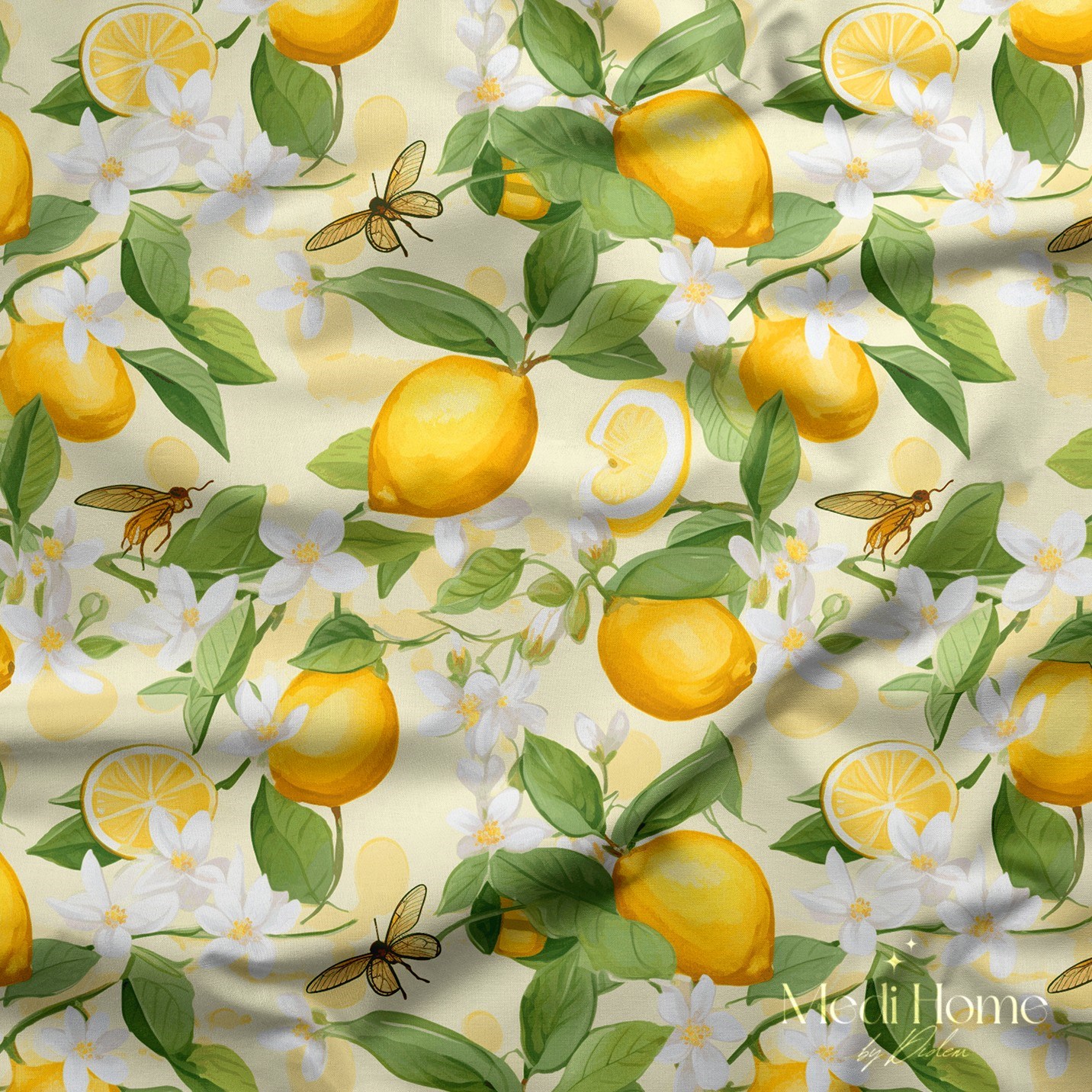 Pastel Zeminde Limon Çiçekleri Baharı Dijital Baskılı Kumaş