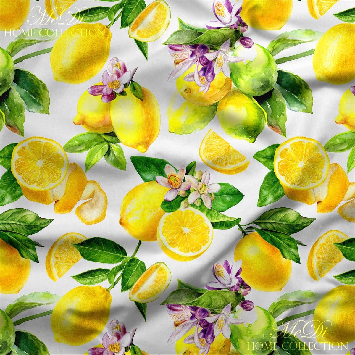 Pembe Çiçekli Limon Demeti Desenli Dijital Baskılı Kumaş
