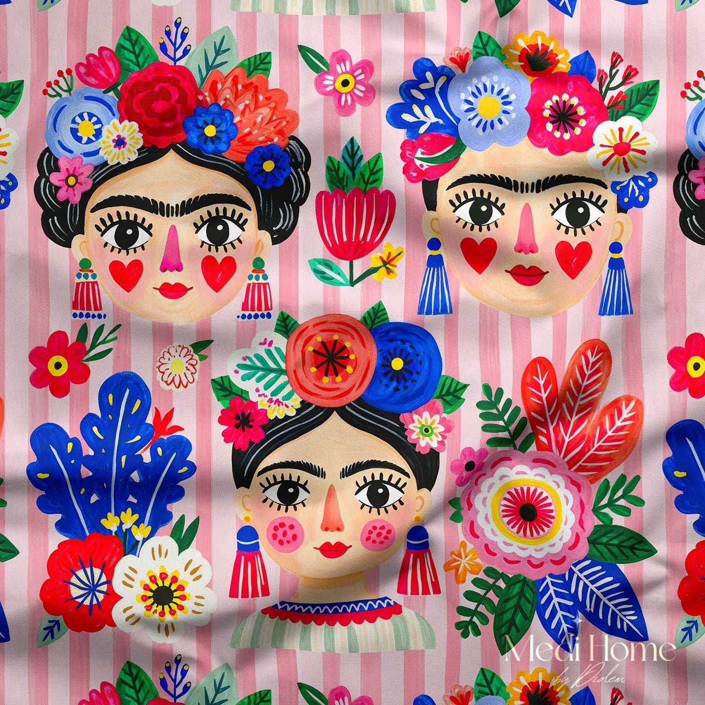 Pembe Çizgili Frida Bahçesi Dijital Baskılı Kumaş