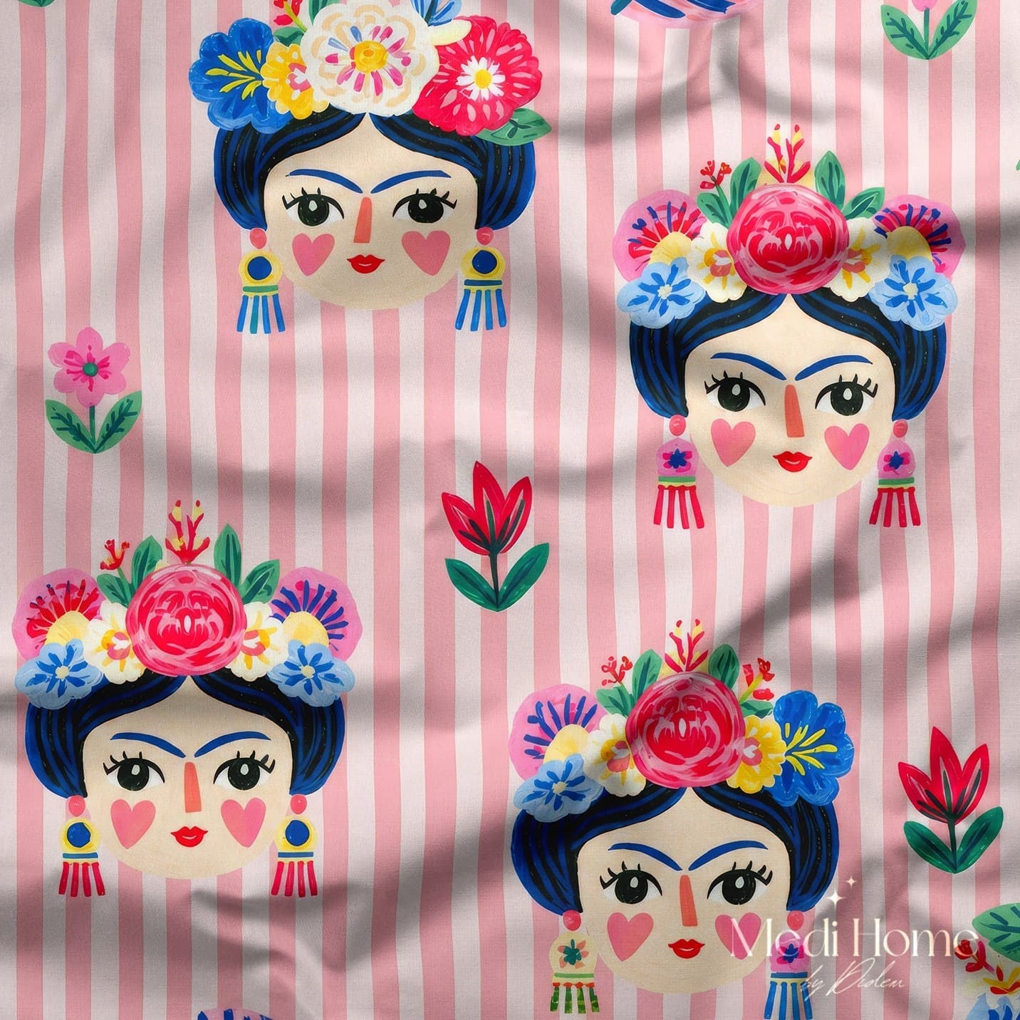 Pembe Çizgili Frida Çiçekleri Dijital Baskılı Kumaş