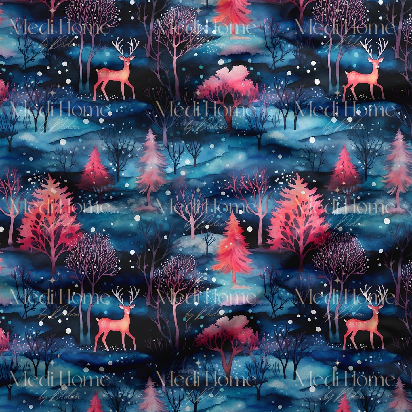 Pembe Işıkların Kış Ormanı Dijital Baskılı Kumaş