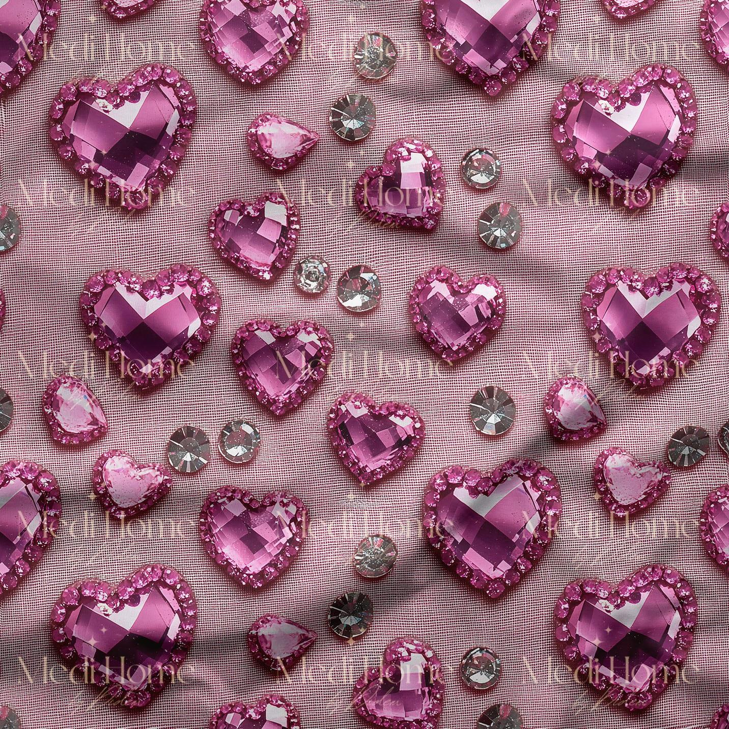 Pembe Kristal Kalplerin Işıltılı Oyunu Dijital Baskılı Kumaş