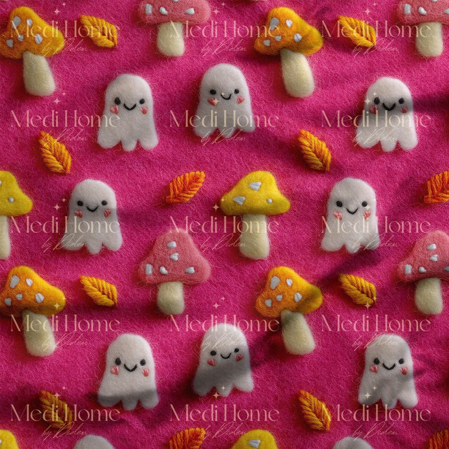 Pembe Ormanda Neşeli Hayaletler Dijital Baskılı Kumaş