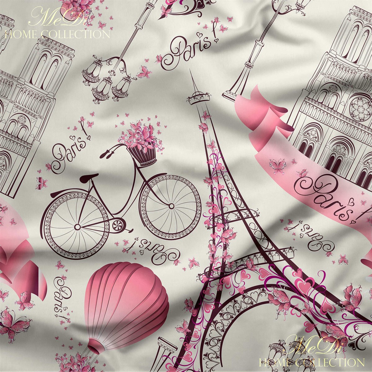 Pembe Paris Desenli Dijital Baskılı Kumaş