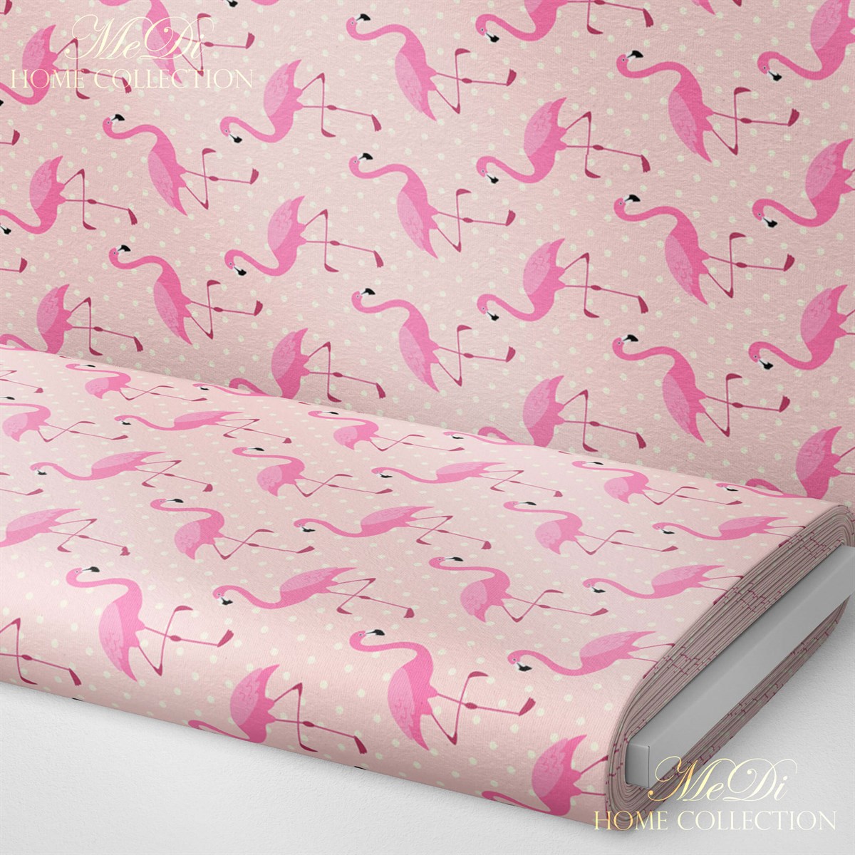 Pembe Puantiyeli Flamingo Desenli Dijital Baskılı Kumaş