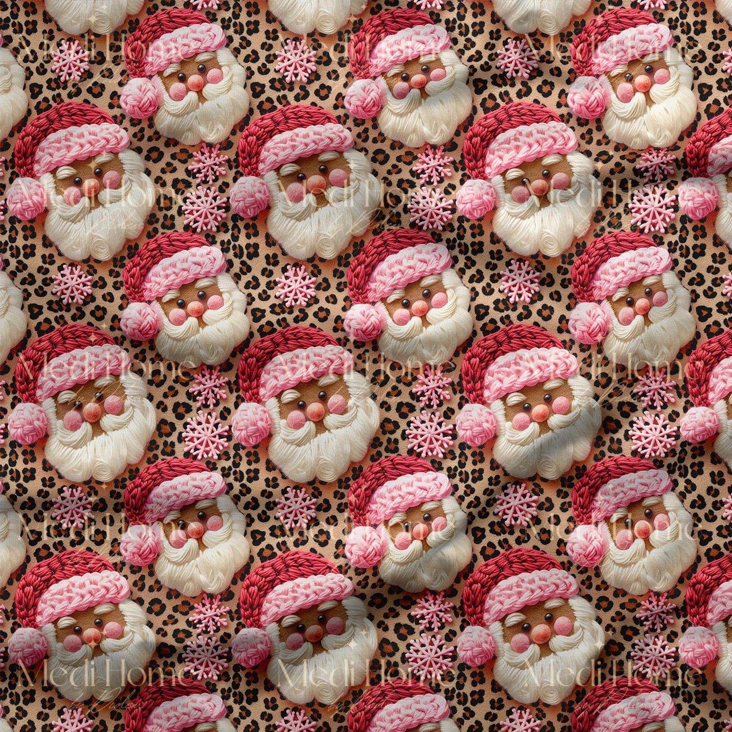 Pembe Şapkasıyla Leopar Noel Baba Dijital Baskılı Kumaş