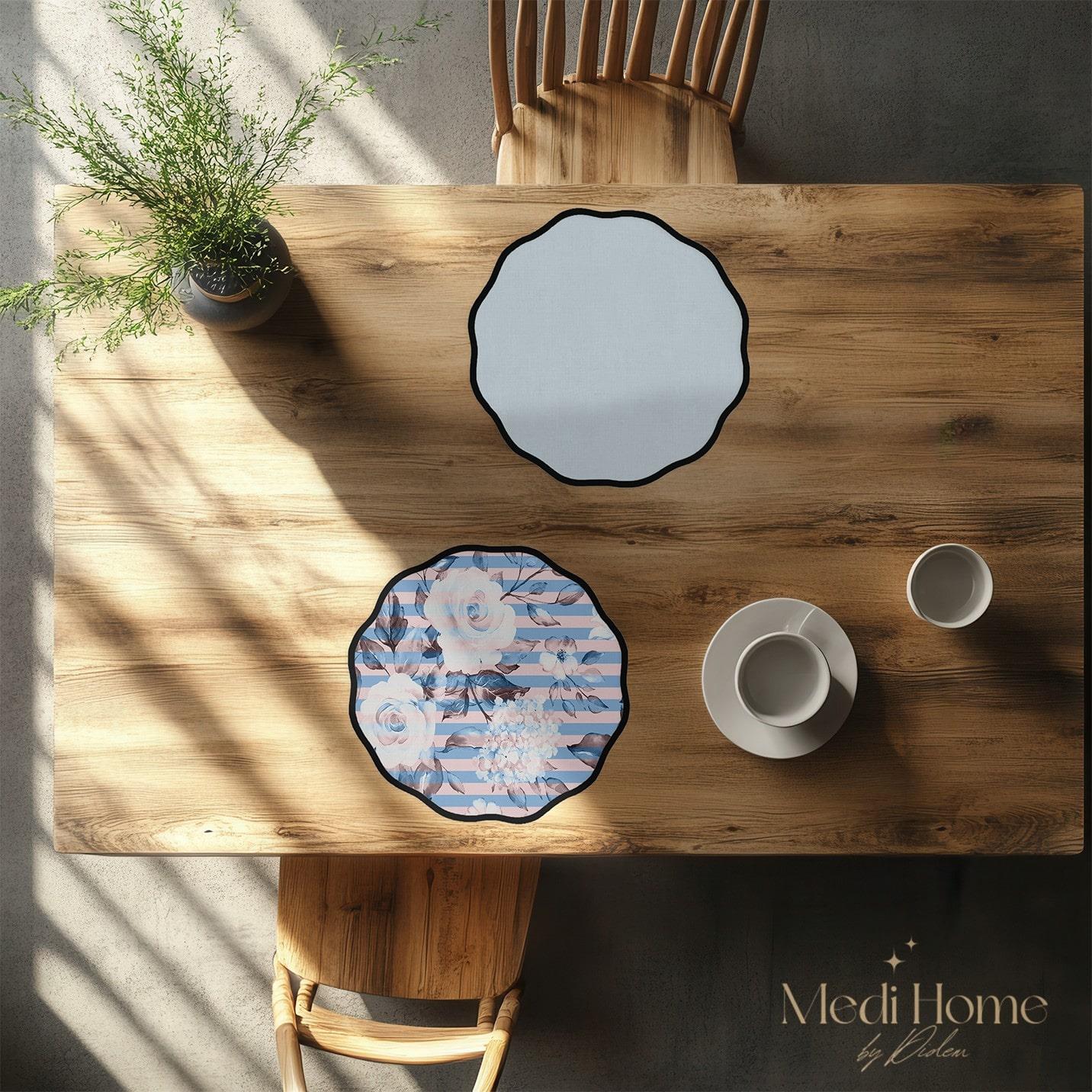 Pudra Güllerle Çizgili Mavi Rüya Dijital Baskılı 6'lı Supla Kumaş