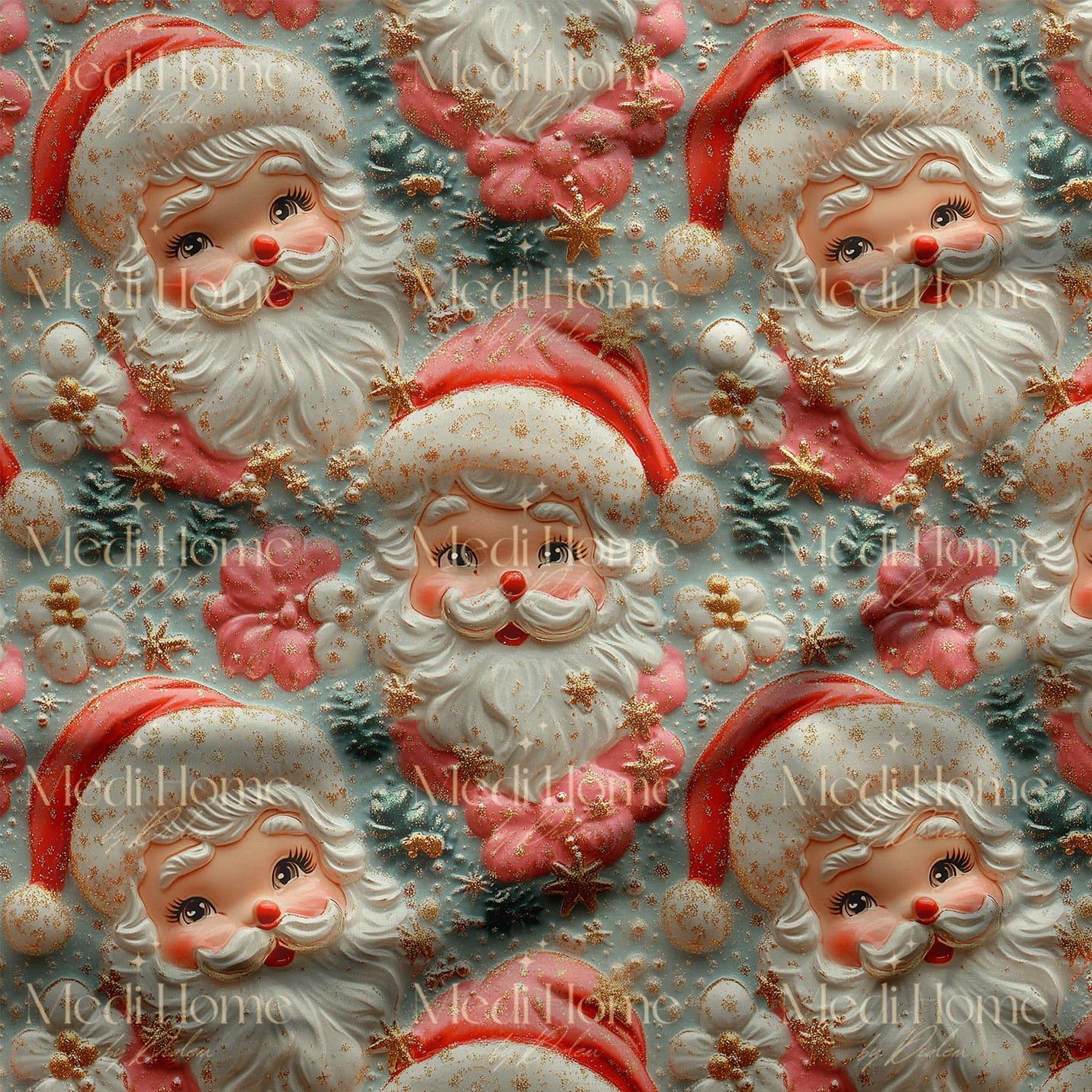 Pudra Parıltısında Vintage Noel Baba Dijital Baskılı Kumaş