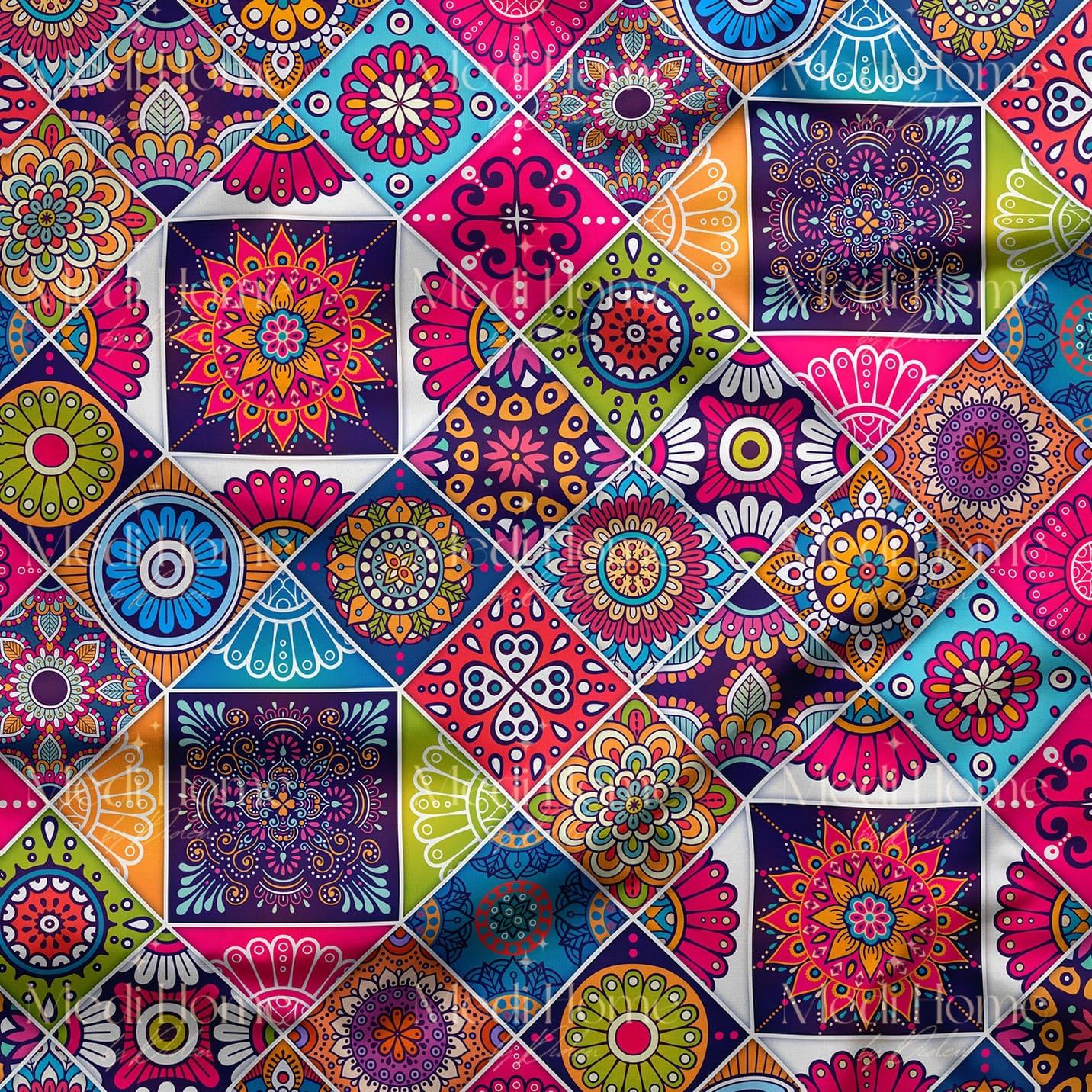 Renkli Geometrik Etnik Mandala Desenli Dijital Baskılı Kumaş