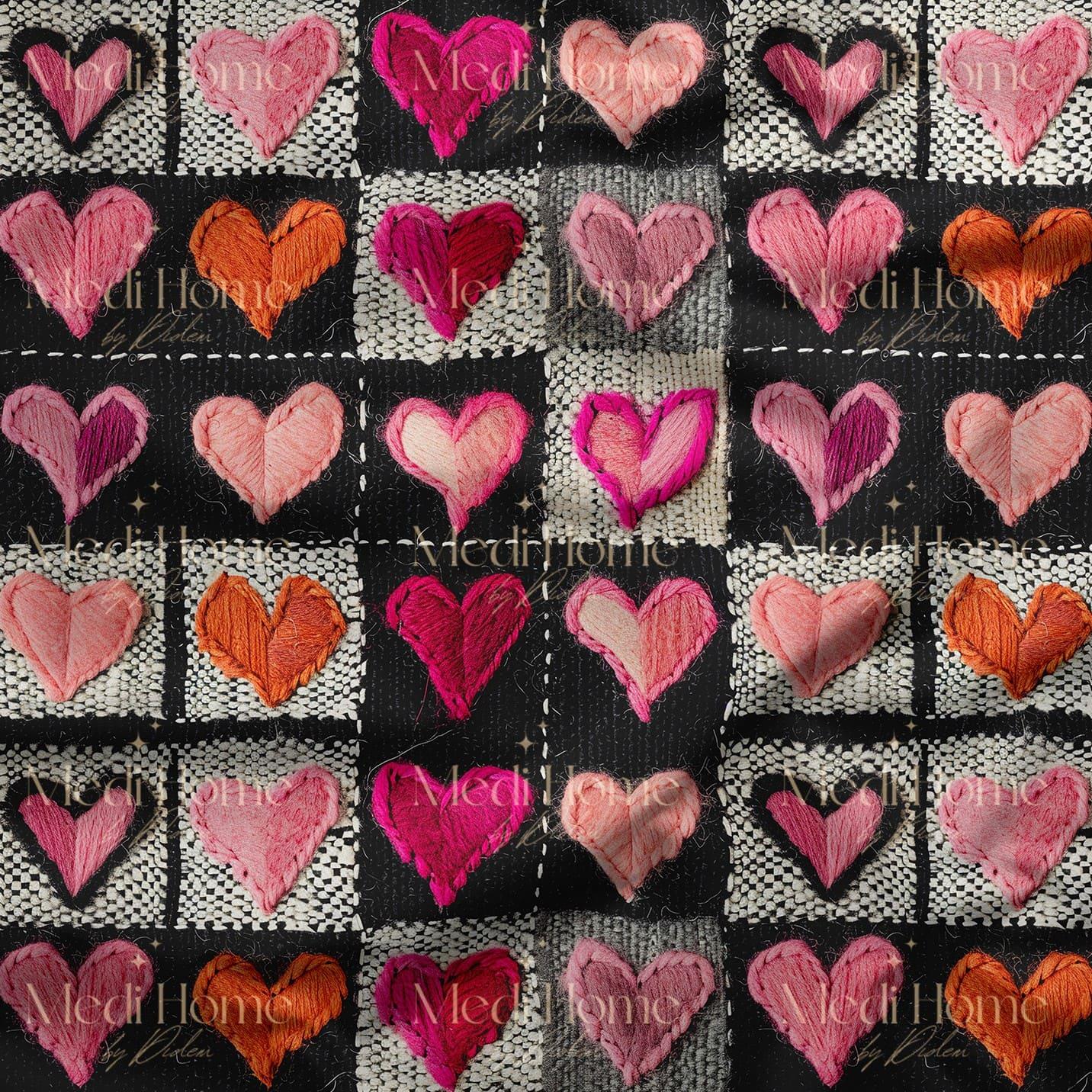 Renkli Örgü Kalplerin Patchwork Hikâyesi Dijital Baskılı Kumaş