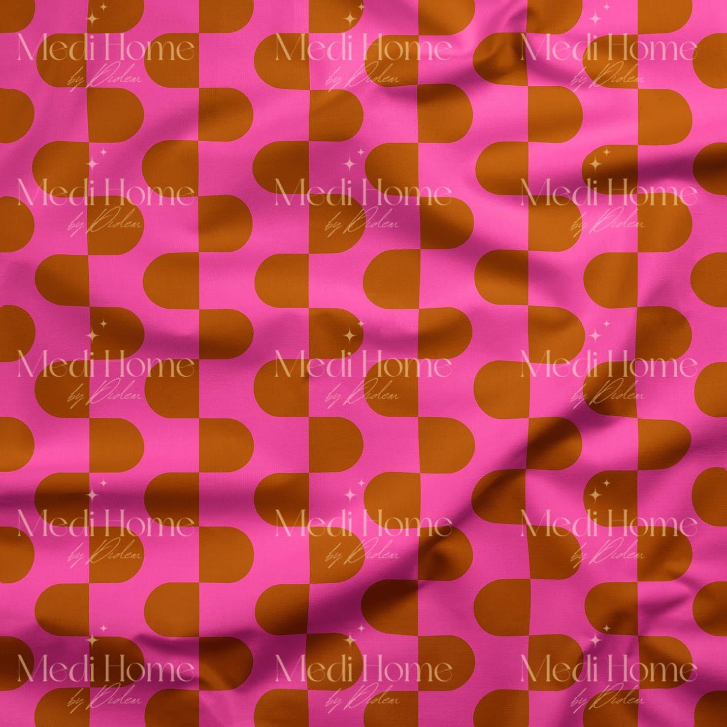 Retro Formların Pembe Ritmi Dijital Baskılı Kumaş