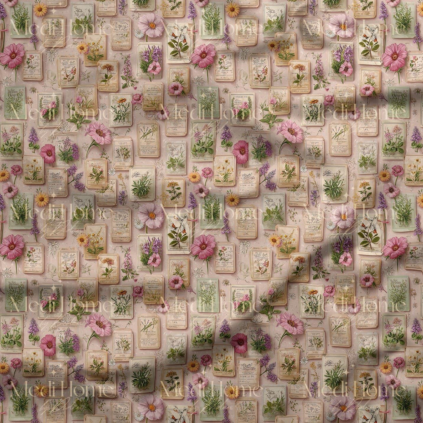 Romantik Herbaryum Rüyası – Vintage Çiçekli Dijital Baskılı Kumaş