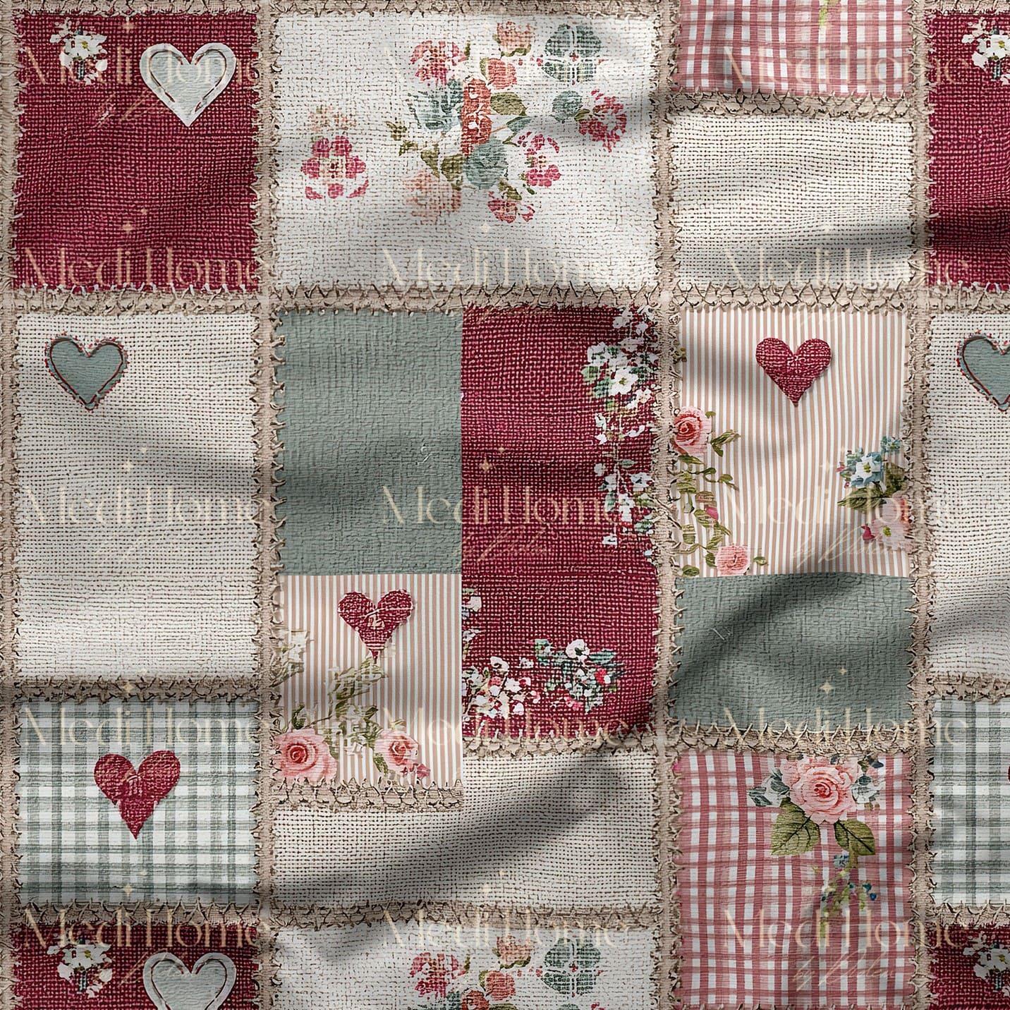 Rustik Patchwork Kalp ve Gül Dijital Baskılı Kumaş